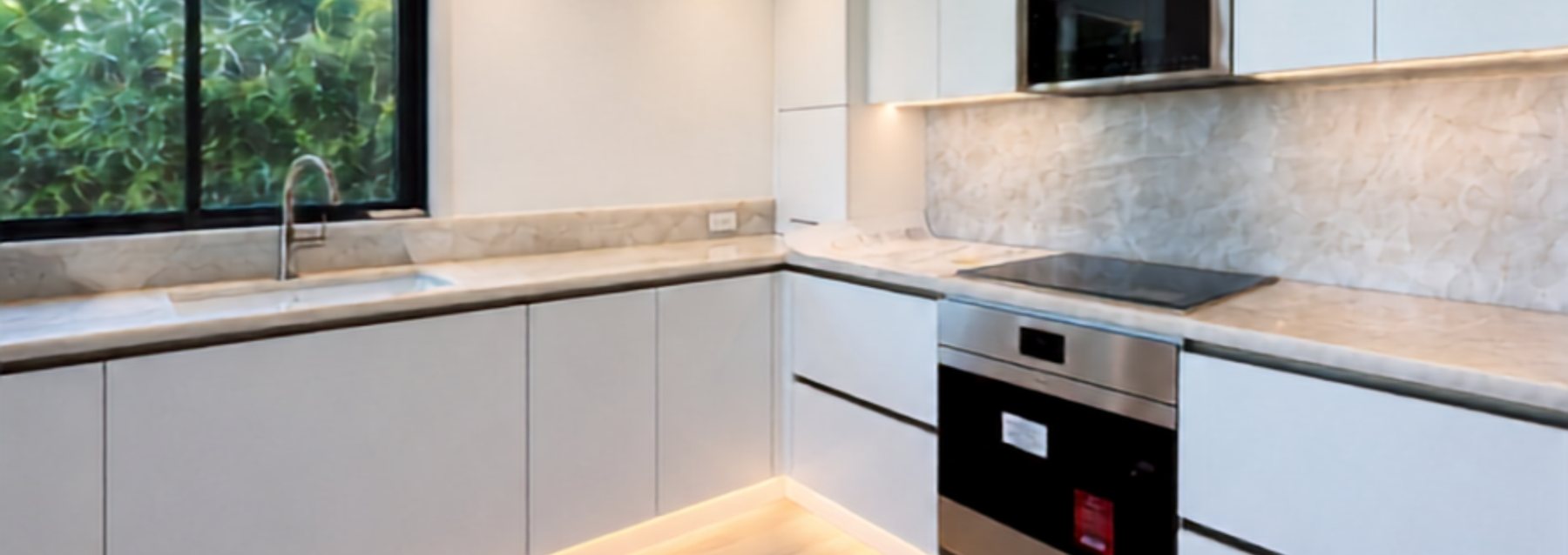 Renovated kitchen with white cabinets, stone backsplash and under-cabinet lighting